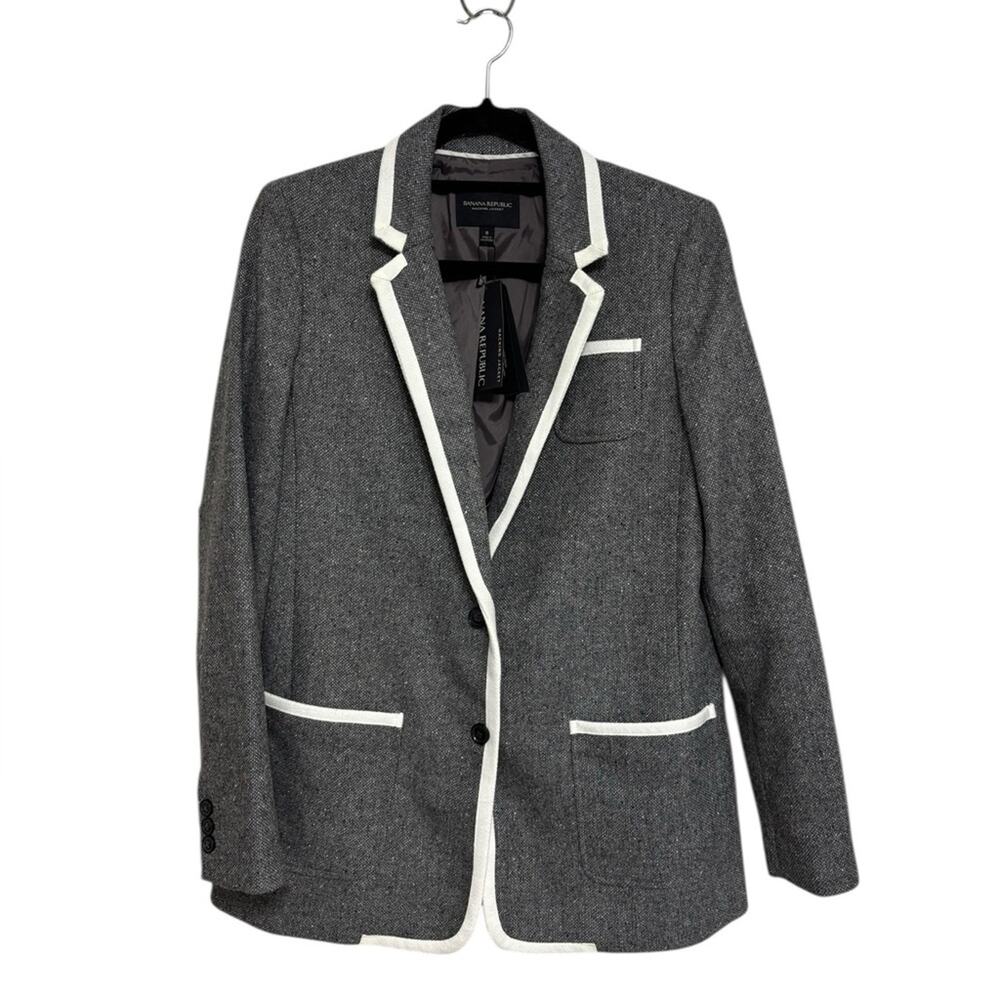 NEW Banana Republic Wool Blend Hack ing Jacket in Piped Grey - Size 8